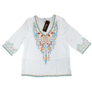 Embroidered Boho Blouse Top Women Medium Bohemian Higustar White Floral Peasant